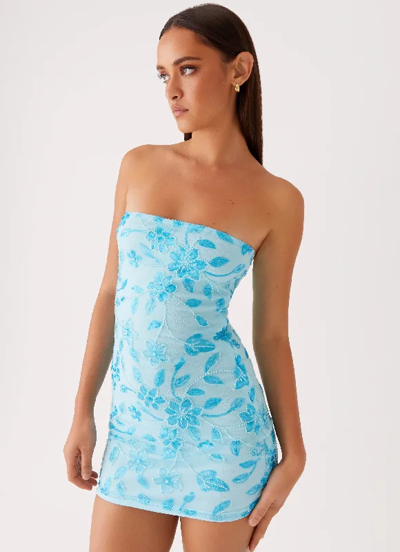 Women's Long Sleeve Velvet Mini Dress-Moorey Beaded Mini Dress - Blue