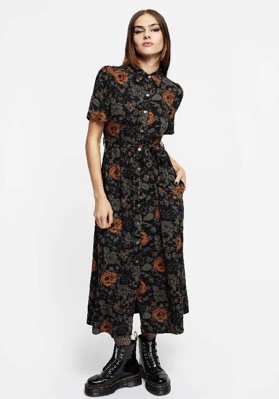 Women's Elegant Shirt Dress-Mortify Floral Print Midi Shirt Dress