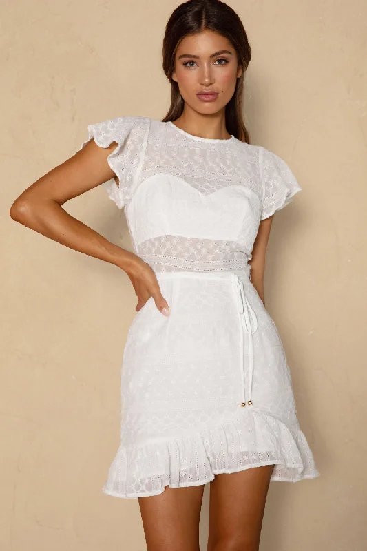 Women's Sleeveless Lace Mini Dress-Moving On Flutter Sleeve String Tie Waist Eyelet Mini Dress White