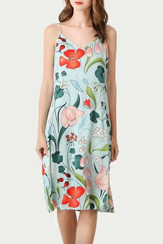 Satin Slip Dress with Lace Front -Women's Satin Slip Dress with Lace Edging -Mulberry Floral-Print Silk Midi Slip Dress In Sky Blue