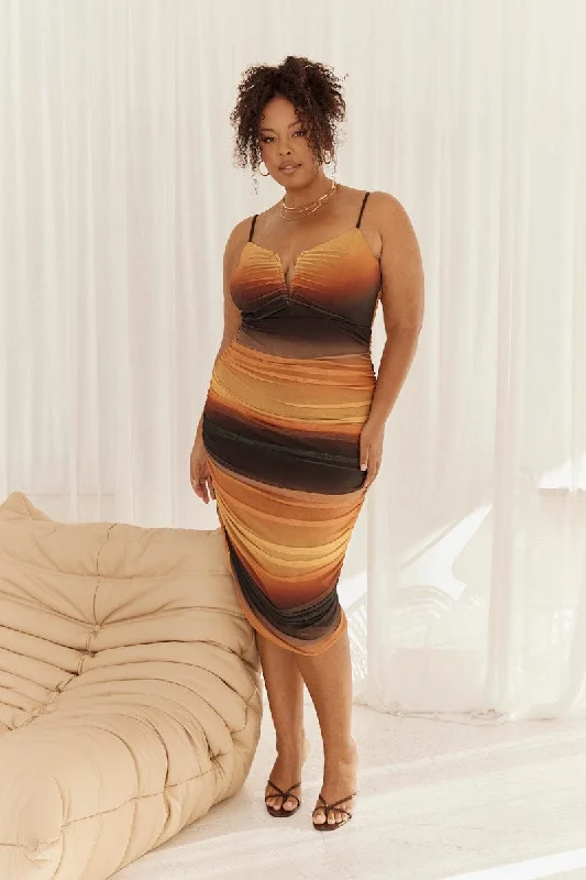 Women's Casual Plus Size Bodycon Dress -Multi Abstract Bodycon Dress Mesh Ruched Sunset Print Strappy