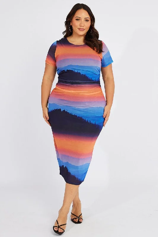 Women's Bodycon Dress for New Year's Eve -Multi Abstract Bodycon T-shirt Landscape Midi Dress