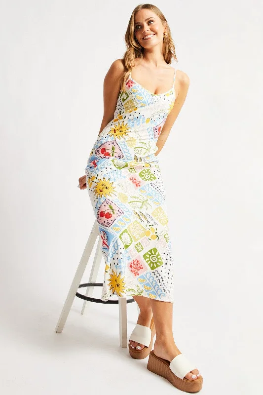 Women's Knit Maxi Dress-Multi Abstract Maxi Dress Bias Cut