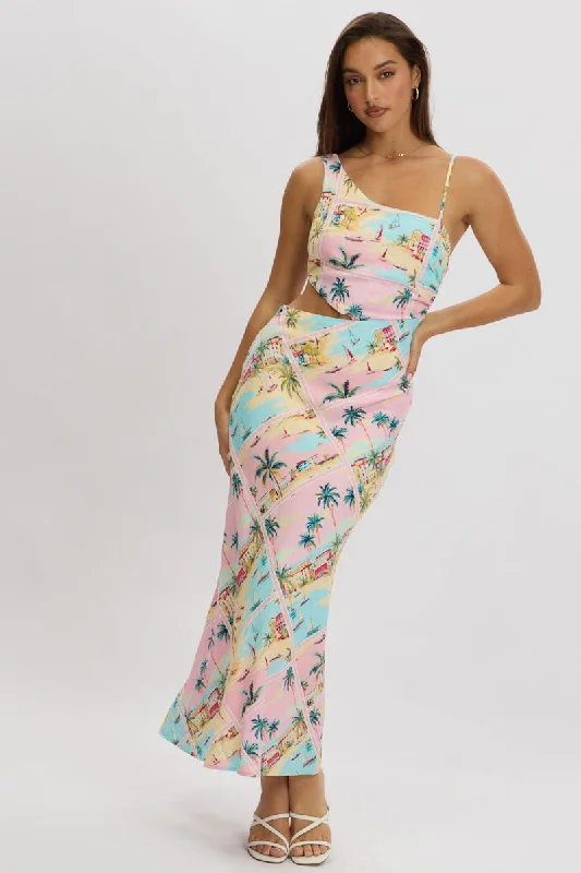 Women's Long-sleeve Boho Maxi Dress-Multi Abstract Maxi Dress Cut Out Detail