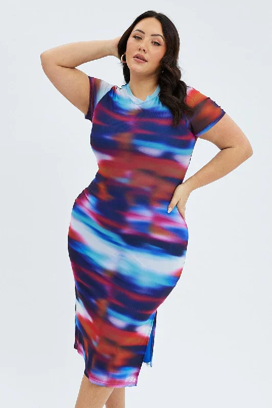 Women's Black Velvet Evening Bodycon Dress -Multi Abstract Maxi Dress Mesh Cap Sleeve Bodycon