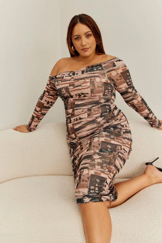 Bodycon Dress for Women -Multi Abstract Midi Dress Bodycon Mesh Off Shoulder