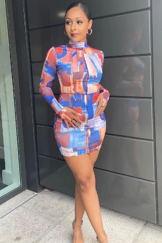 Women's Bow Tie Mini Dress-Multi Abstract Print High Neck Mini Dress - Kristi