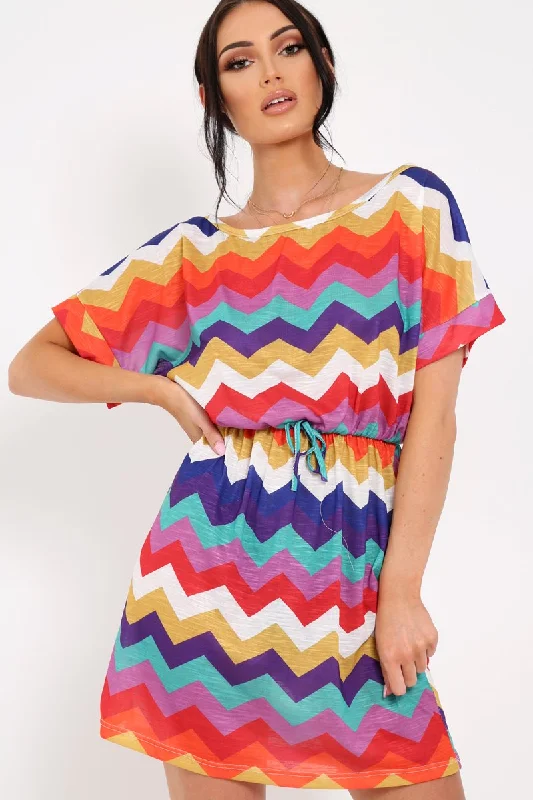 Casual Wear Shirt Dress-Multi Coloured Zig Zag Tie Waist T Shirt Dress - Maegan