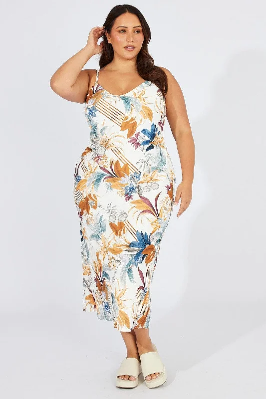 Women's White Floral Maxi Dress-Multi Floral Bias Maxi Conversation Print Dress