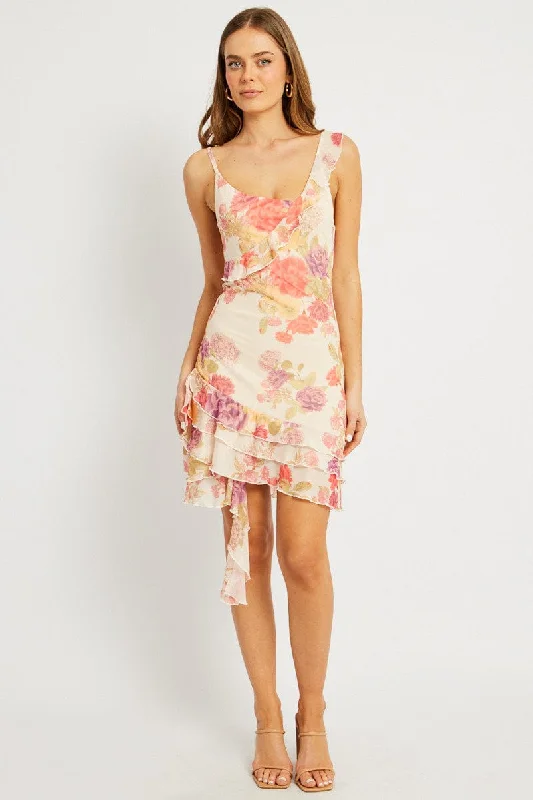 Trendy Bodycon Dress -Multi Floral Bodycon Dress Ruffle Hem Mini Mesh