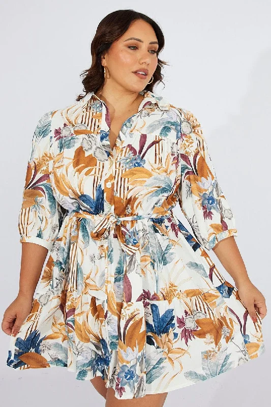 Stylish Work Shirt Dress-Multi Floral Conversation Print Shirtdress