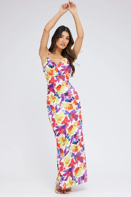Chic Slip Dress for Dinner Party -Silk Satin Slip Dress with Pleated Skirt -Multi Floral Maxi Dress Slip Cami Watercolour Print