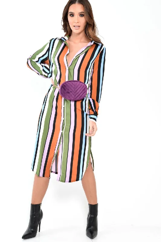 Satin Shirt Dress-Multi Stripe Button Down Shirt Dress - Wryn