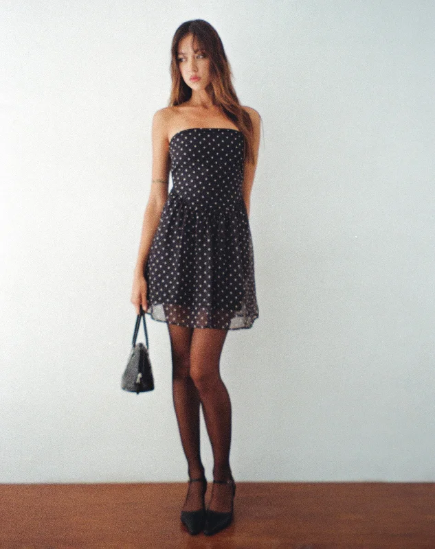 Women's Bold Color Mini Dress-Murni Bandeau Mini Dress in Polka Black Chiffon