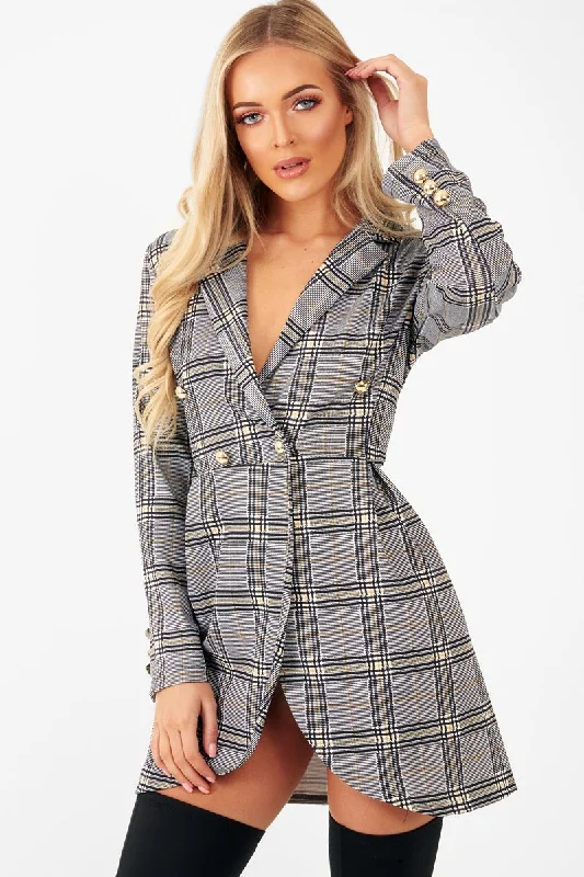 Wrap Dress for Evening Cocktail Party -Green Wrap Dress -Mustard Black Check Wrap Blazer Dress - Emry Wrap Dress for Evening Cocktail Party -Green Wrap Dress -Mustard Black Check Wrap Blazer Dress - Emry