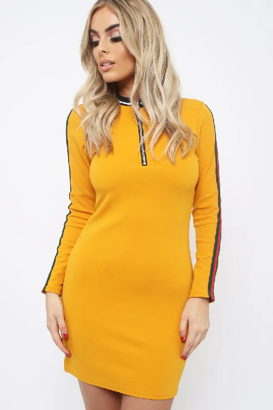 Women's V-neck Bodycon Dress -Mustard bodycon dress with stripe detail - Bryonna