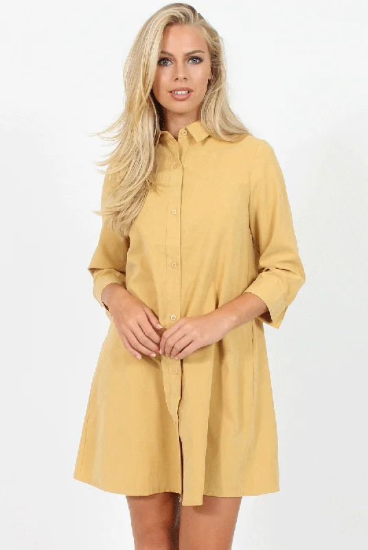 Soft Cotton Shirt Dress-Mustard Button Front Shirt Dress - Mina
