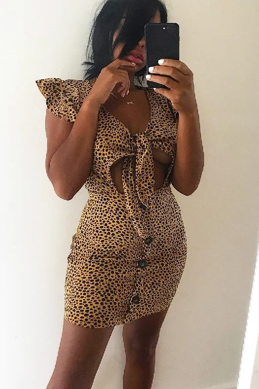 Bodycon Dress with Feather Details -Mustard Leopard Print Tie Button Front Bodycon Dress - Aaira Bodycon Dress with Feather Details -Mustard Leopard Print Tie Button Front Bodycon Dress - Aaira