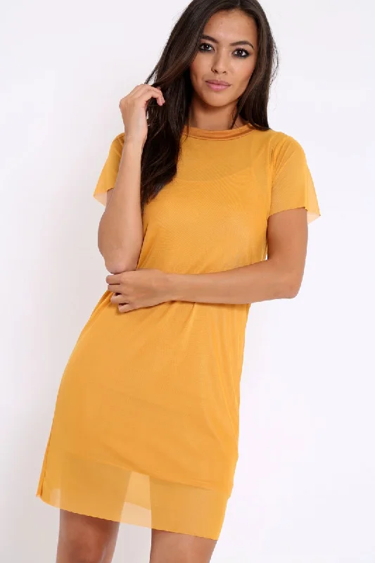 Pleated Skirt Shirt Dress-Mustard Mesh Overlay T-Shirt Dress - Selena