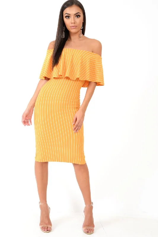 Bodycon Dress with Mesh Panels -Mustard Pinstripe Frill Bardot Bodycon Midi Dress -Jovey Bodycon Dress with Mesh Panels -Mustard Pinstripe Frill Bardot Bodycon Midi Dress -Jovey