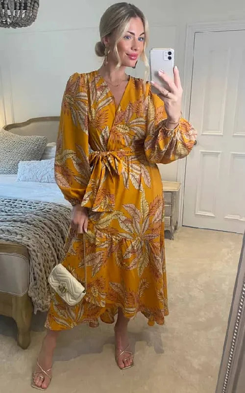 Wrap Dress with Flared Skirt -High-waisted Wrap Dress -Mustard Print Wrap Dress