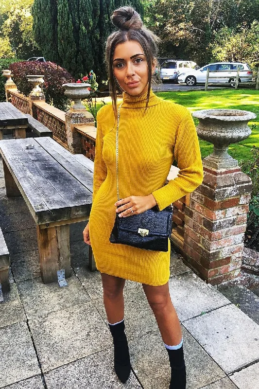 Casual Red Bodycon Dress -Mustard Rib Bodycon Turtle Neck Mini Dress - Tesia