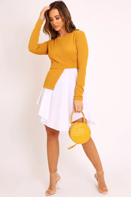 Pleated Shirt Dress-Mustard Ribbed Jumper Shirt Dress - Vita