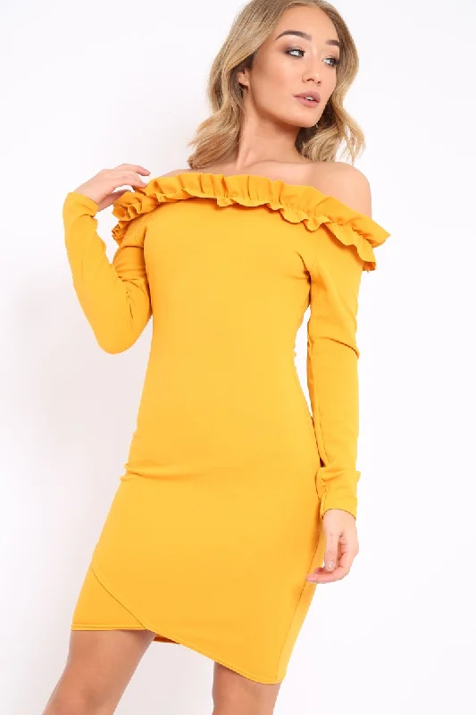 Bodycon Dress with Bold Prints -Mustard Ruffle Bardot Bodycon Dress - Alix