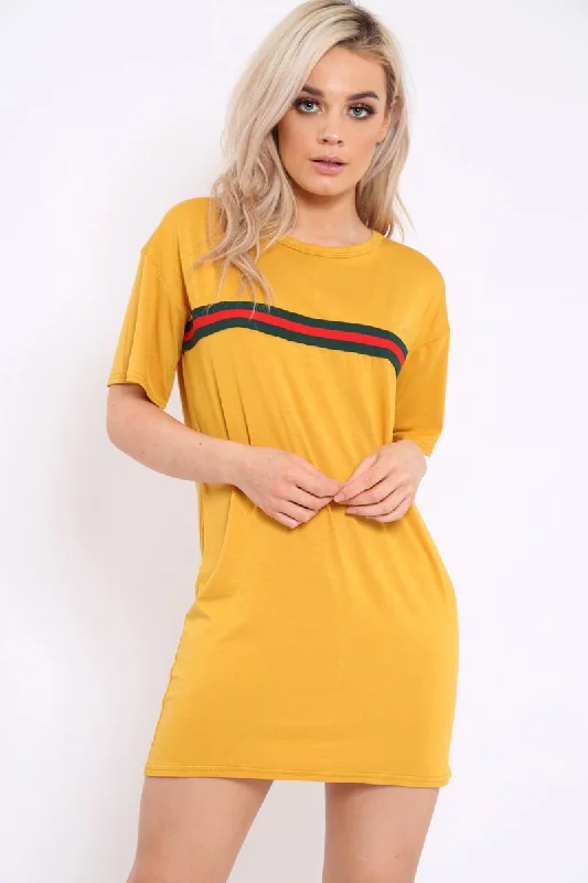 Casual Office Shirt Dress-Mustard Stripe Front T Shirt Dress - Kamden