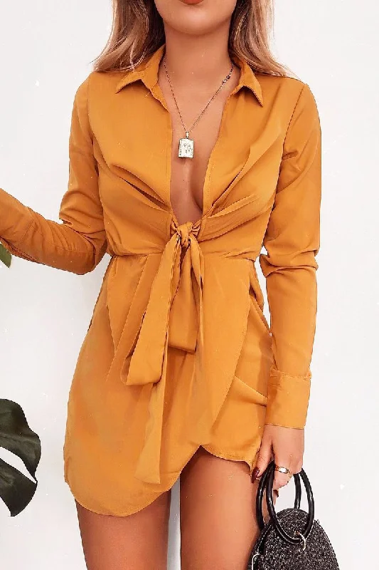 Belted Plaid Shirt Dress-Mustard Tie Front Plunge Wrap Shirt Dress - Bexlee