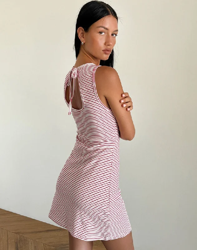 Women's High Neck Mini Dress-Muzuki Jersey Mini Dress in Red and White Stripe