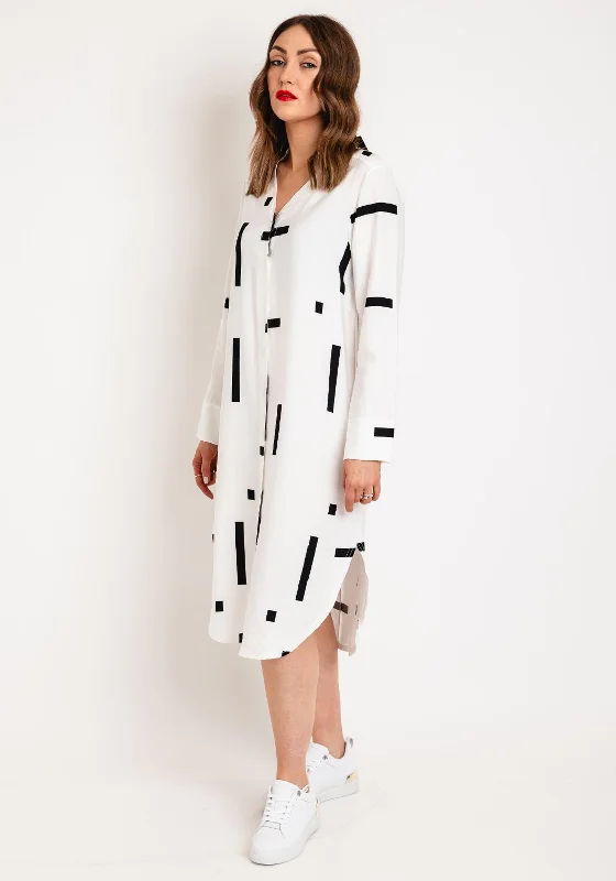 Women's Plain Shirt Dress-My Soul Contrast Print Midi Shirt Dress, White & Black