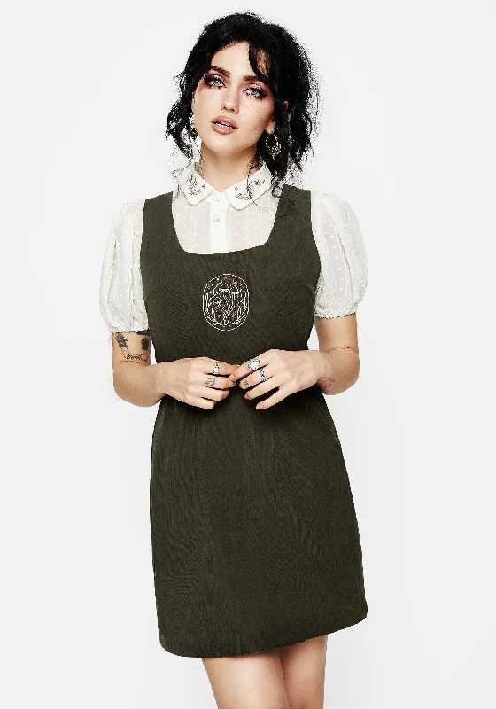 Women's Wrap Style Mini Dress-Mycelium Embroidered Mini Pinafore Dress
