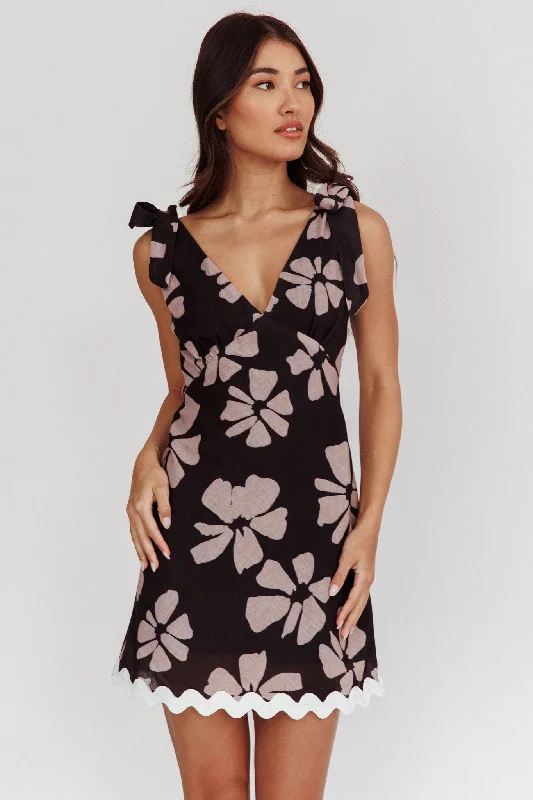 Women's Structured Mini Dress-Mykonos Morning Tied Shoulder Mini Dress Floral Black