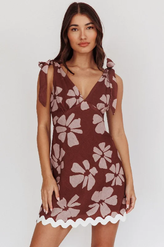 Women's Cold Shoulder Lace Mini Dress-Mykonos Morning Tied Shoulder Mini Dress Floral Brown