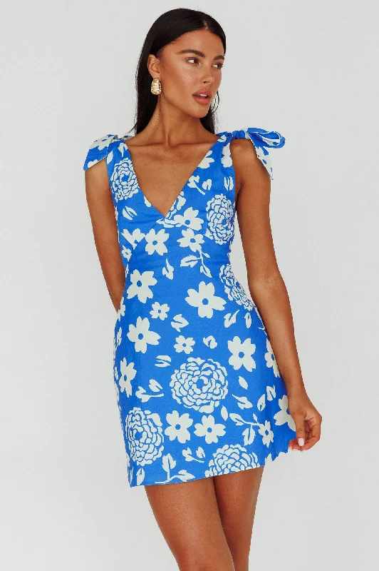 Women's Zip-up Mini Dress-Mykonos Morning Tied Shoulder Mini Dress Floral Ocean