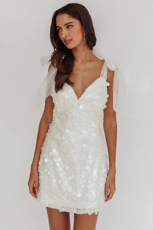 Women's Adjustable Strap Bodycon Mini Dress-Mykonos Morning Tied Shoulder Sequin Mini Dress White