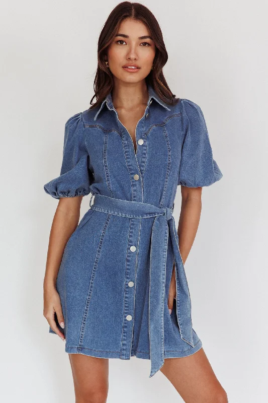 Women's Boho Mini Dress-Myleigh Puff Sleeve Waist Tie Mini Dress Denim Blue