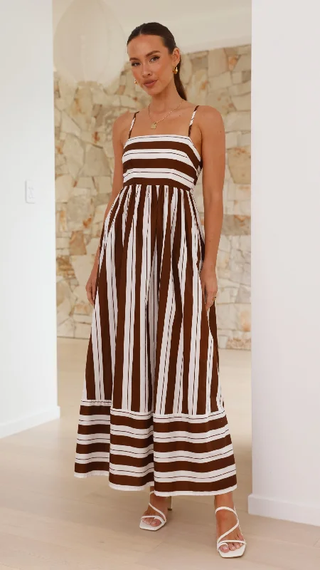 Women's Red Maxi Dress-Nadie Maxi Dress - Chocolate / White Stripe