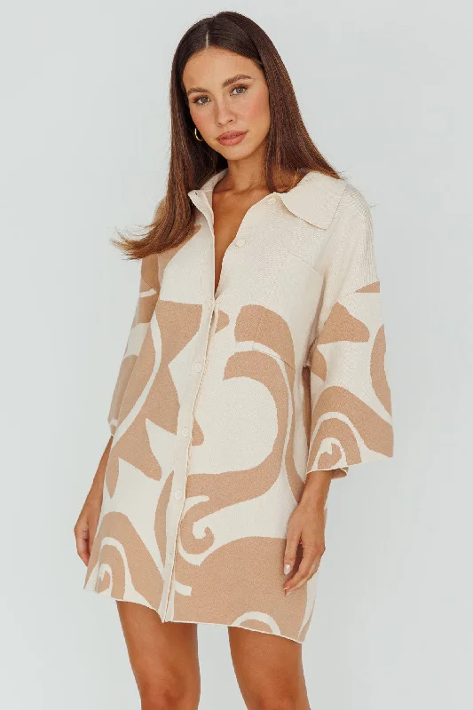 Silk Shirt Dress-Nalani Button Up Knit Shirt Dress Sand/Wood