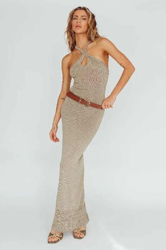 Women's Red Maxi Dress-Nalu Keyhole Knit Maxi Dress Sand