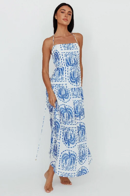 Women's Back Detail Maxi Dress-Natasia Halterneck Maxi Dress Palm Print Blue