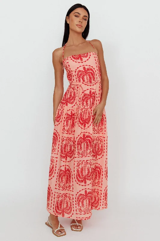 Women's Boho-inspired Wrap Maxi Dress-Natasia Halterneck Maxi Dress Palm Print Red