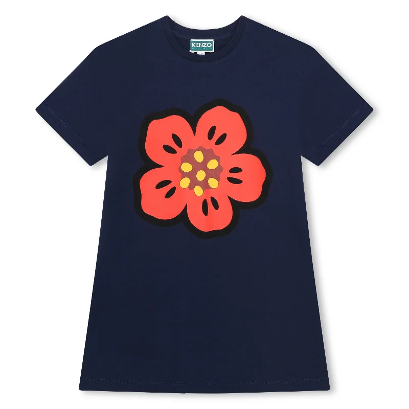 Classic Women's Shirt Dress-Navy Blue Boke Flower T-Shirt Dress