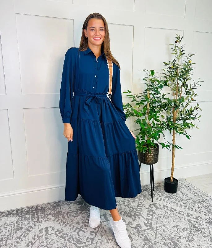 Elegant Plaid Shirt Dress-Navy Blue Tiered Belted Shirt Dress