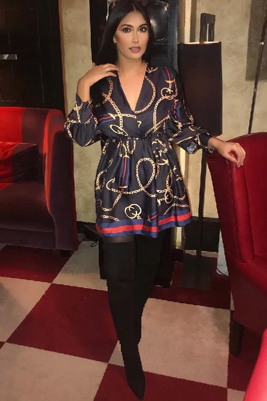 Summer Floral Shirt Dress-Navy Chain Print Satin Plunge Shirt Dress - Cristen
