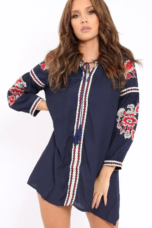 Office-ready Shirt Dress-Navy Embroidered Shirt Dress - Nikki