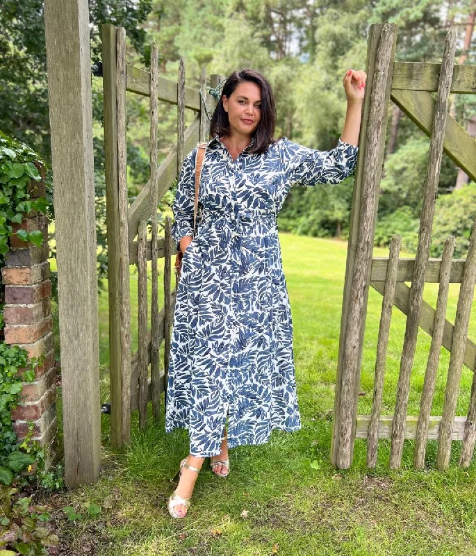 Soft Women's Shirt Dress-Navy Leaf Print Shirt Dress