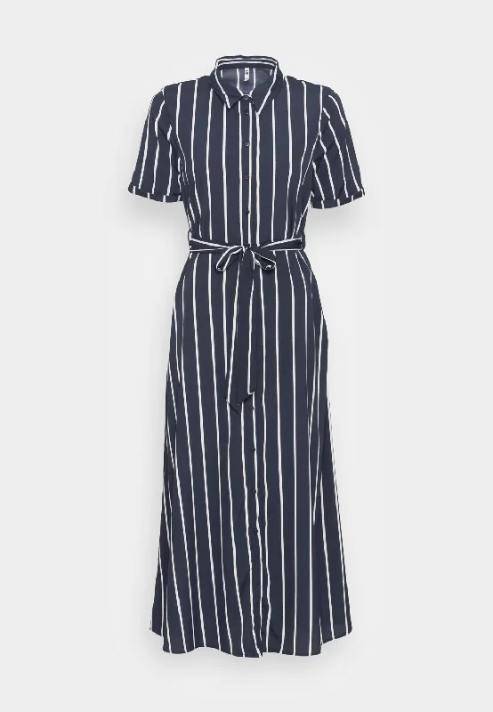 Casual T-shirt Shirt Dress-Navy Striped Short Sleeve Midi Shirt Dress