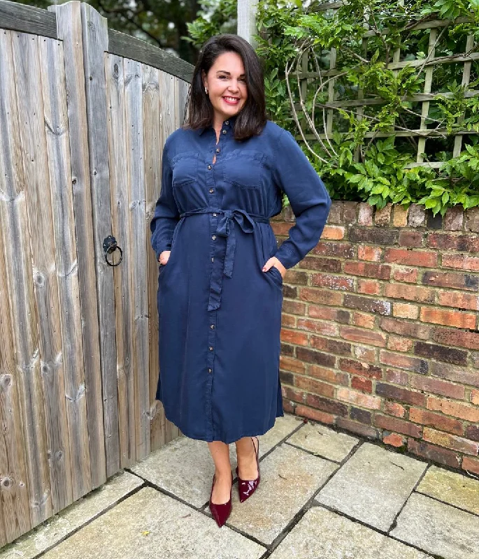 Stylish Women's Denim Shirt Dress-Navy Tencel Belted Midi Shirt Dress